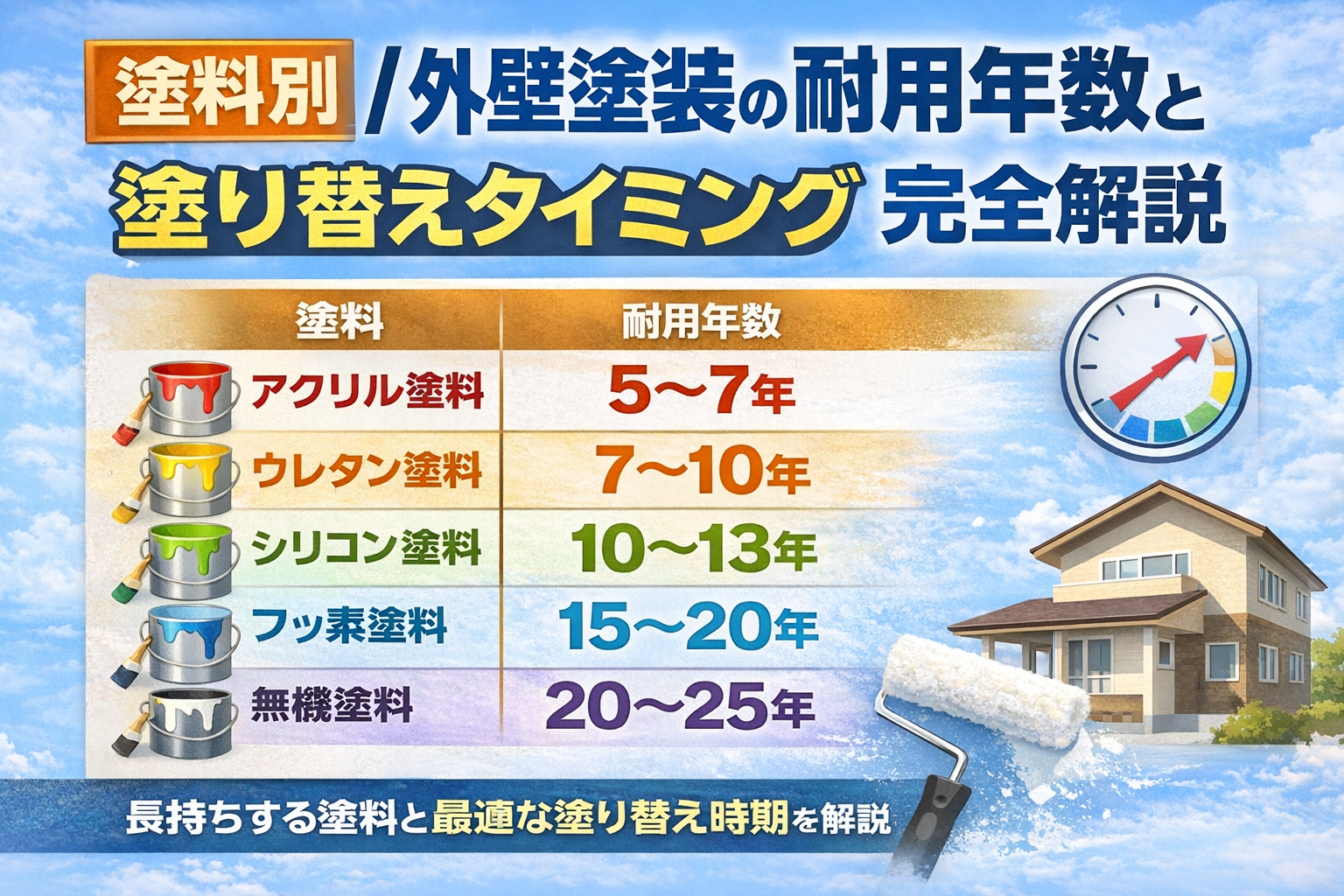 塗料別の外壁塗装耐用年数を比較した画像|アクリル・ウレタン・シリコン・フッ素・無機塗料の塗り替え時期一覧