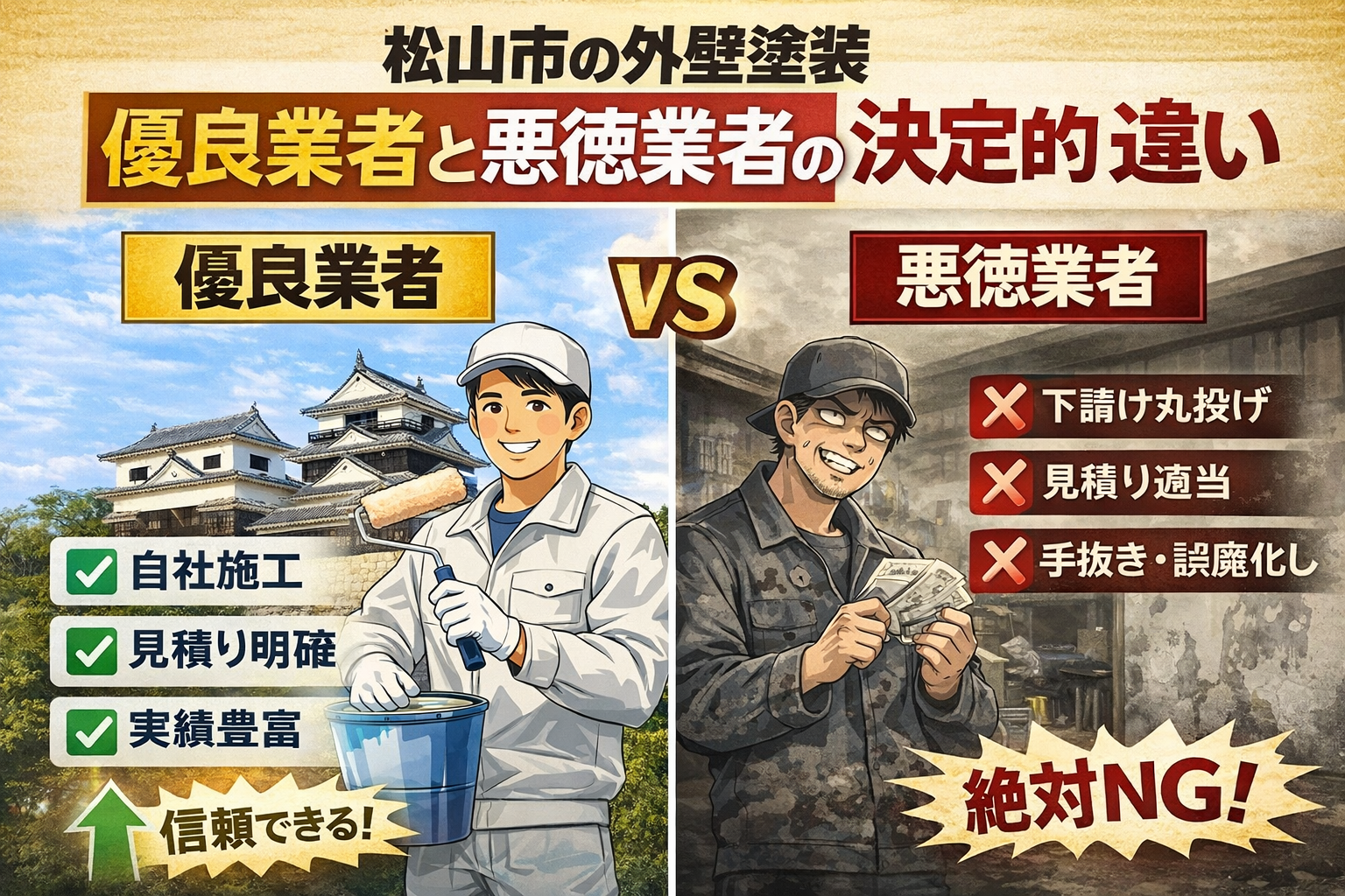 alt="外壁塗装 松山市 業者の優良業者と悪徳業者の決定的な違い｜信頼できる外壁塗装専門店の特徴を解説した比較画像"
