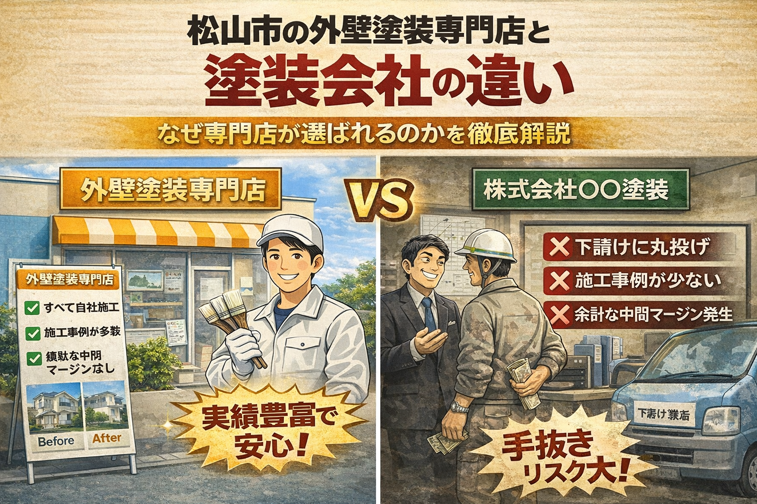 alt="松山市の外壁塗装専門店と塗装会社の違いを分かりやすく解説した比較画像｜自社施工の優良業者の特徴"
