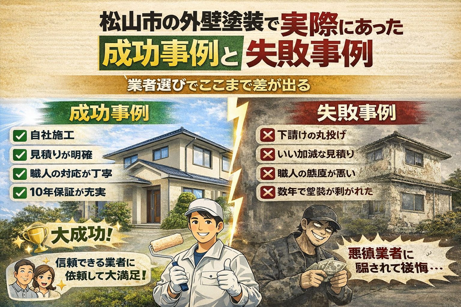 alt="外壁塗装 松山市 業者選びの成功事例と失敗事例｜信頼できる外壁塗装専門店と悪徳業者の違いを解説した画像"
